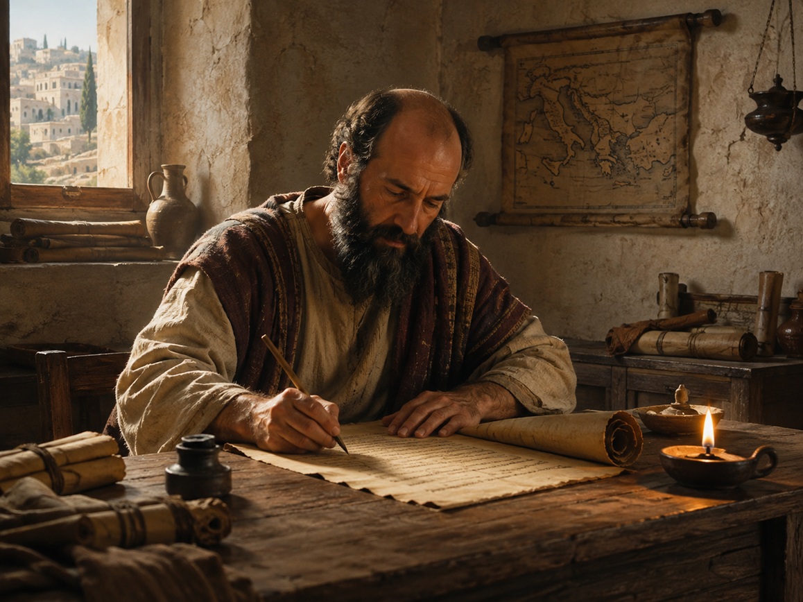 An apostle writing at a desk